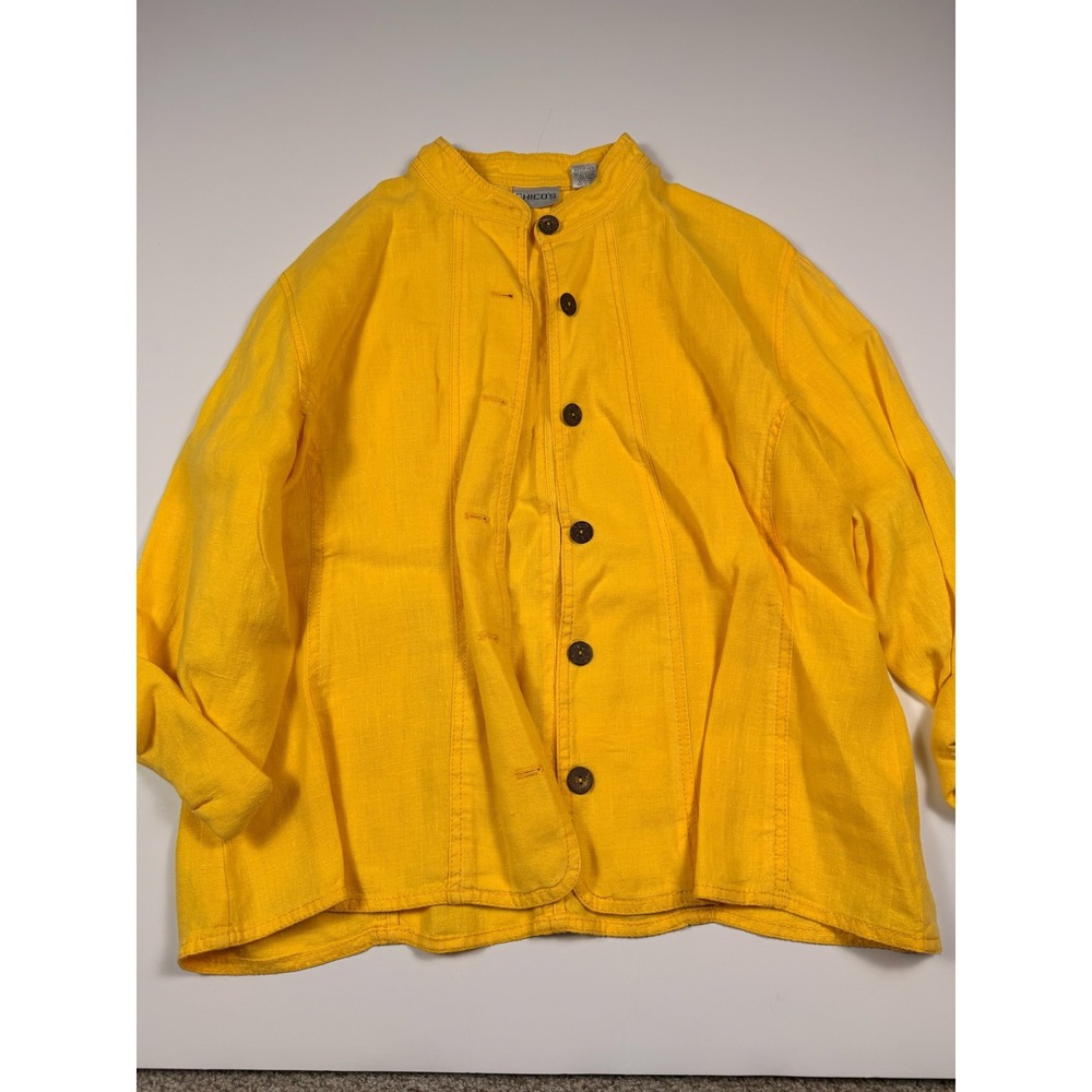 Chicos Yellow 100% Linen Mandarin Collar‎ Button Down Shirt Jacket Size 2